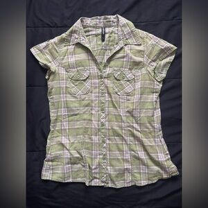 y2k style cinched button up blouse with tinsel